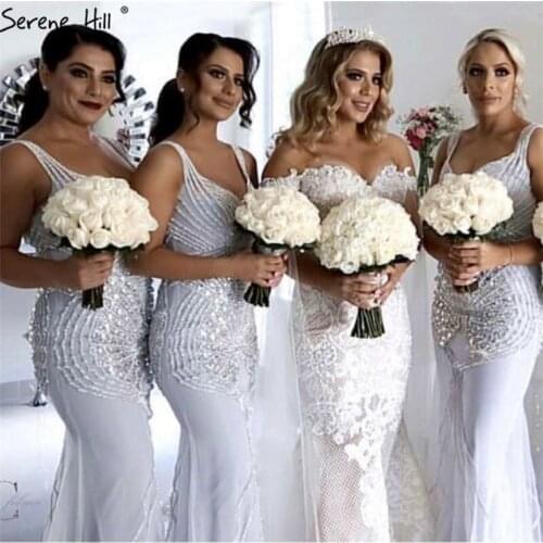 White Sexy Mermaid Sleeveless Bridesmaid Dresses Dubai V-Neck Simple Bridesmaid Gowns 2020 Serene Hill LA60723
