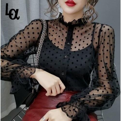 Luck A Spring Popular Girls dot Blouses Shirts Tees Female Stand Neck Full Flare Sleeve Elasticity Blouses With Tank 2 PCS Top