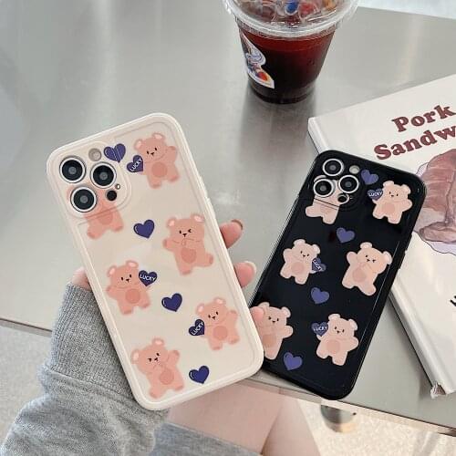 Retro Korean Sweet luck love bear art Couples Phone Case For iPhone 11 12 Pro Max XR Xs Max 7 8 Plus 7Plus Case Cute soft Cover