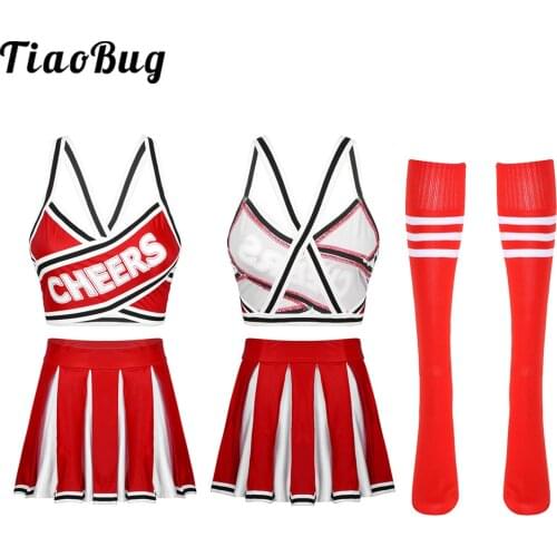 Ladies Cheerleader Costume Sleeveless Schoolgirl Uniform Set Crop Top with Pleated Skirt High Long Football Socks