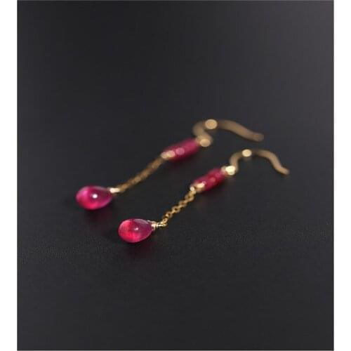 DMBS059 Plain surface water drop ruby earrings female day genuine yellow 18K gold color treasure ear hook gift