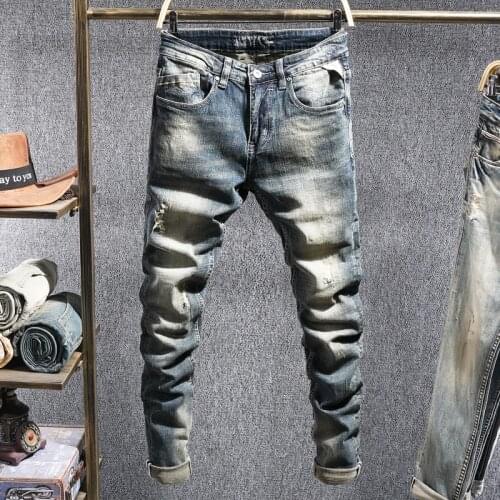 European Vintage Fashion Men Jeans Retro Blue Distressed Washed Slim Fit Ripped Jeans Men Designer Elastic Casual Denim Pants