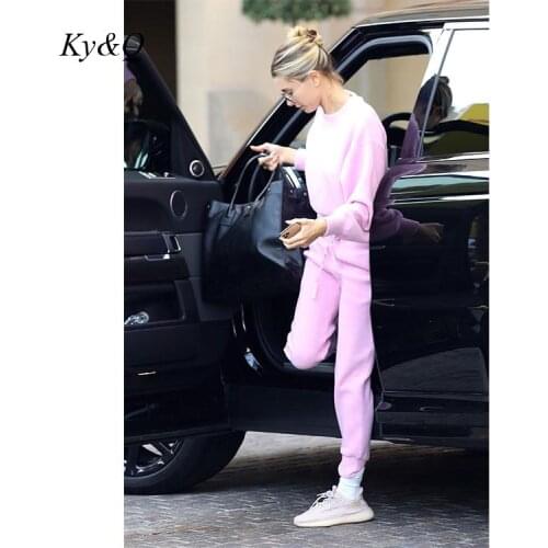 Hailey Same Trendy Pink 2-Piece Set Long Sleeve O-Neck Pullover Tops Jogger Pants Trousers Fashion Sports Knitted Suit