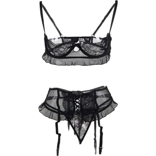 Conjunto Lenceria Sexy Mujer Open Bust Garter Set RS80512 Newly Bra+Garter Belt+Panty Woman Black Hot Sexy Women Lingerie Sets