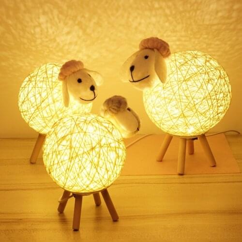 Creative Wooden Sheep LED Night Light Hand-woven lampshade moon lamp Cute Sleep Bedroom bedside Decoration Animals Night lamp