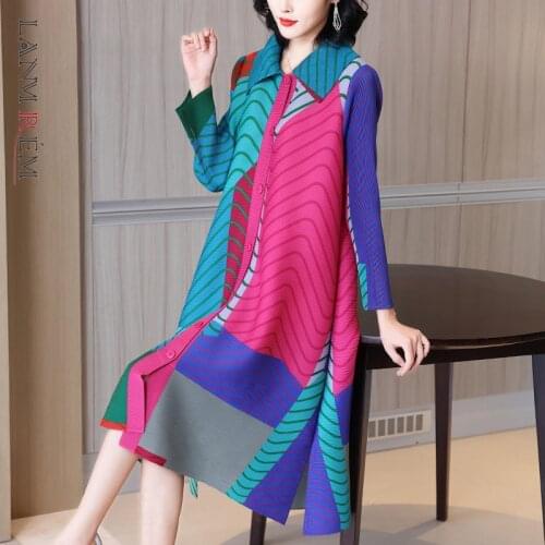 LANMREM Pleated Fashion Dress Contrast Color 2021 Womens Loose d Lapel Single Breasted Dresses Female Elegant 2D5018