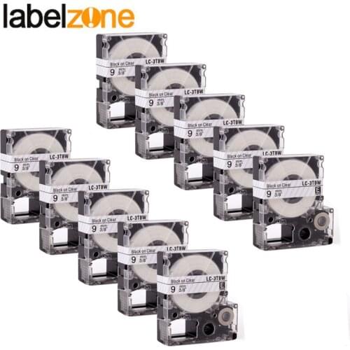 10Pcs 9mm Black on clear compatible Epson LC-3TBW/ST9KW label tapes strong adhesive laminated lc3tbw label ribbon for KingJim