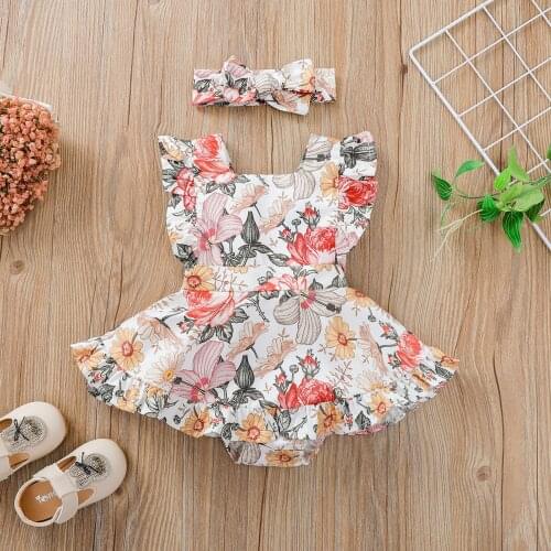 Summer Toddler Clothes Baby Girls Floral Print Small Fresh Triangle Romper Infant Cotton Casual Cute Jumpsuit with Headband
