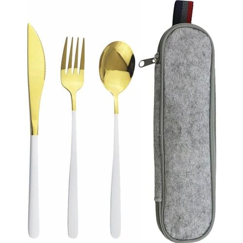 Flatware Set White Gold Travel Cutlery Set Camping Dinnerware Reusable Utensils Set with Knife Spoon Fork and Portable Case