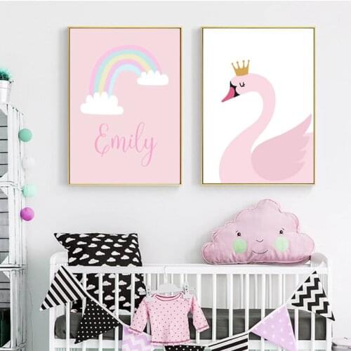Custom Name Cartoon Swan Wall Art Canvas Painting Unicorn Nursery Nordic Posters Pink Wall Pictures Baby Kids Girls Room Decor