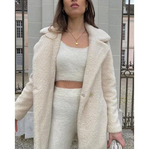 Faux Lambswool Fur Teddy Coat Winter Chunky Warm Long Sherpa Trench Soft Turn-Down Collar Oversized Boyfriend Military Outwear
