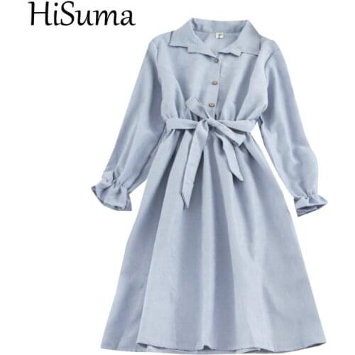 HISUMA Women Flare Sleeve Pleated Bandage Strap Ruffles Dress Lady Elastic Slim Belt Sashes Pullover Cardigan Button Midi Dress