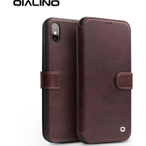 QIALINO Fashion Genuine Leather Cover for iPhone XS/XR Handmade Flip Case with Magnetic Buckle and Card Slot for iPhone XS Max