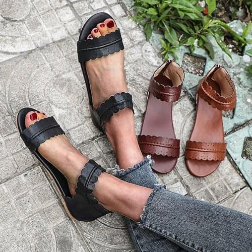 2021 Womens Summer Flat Sandals Solid Casual Vintage Broken Lace Open Toe Zipper Outdoor Roman Sandals Shoes Сандалии