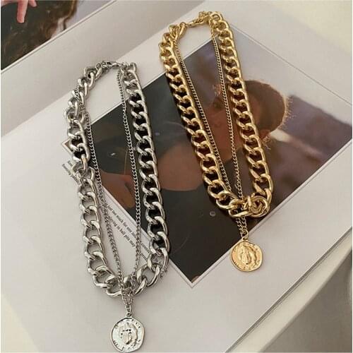 Vintage Double Layered Chunky Cuban Chain Necklaces for Women Gold Color Link Chain Head Portrait Coin Pendant Chokers Necklace