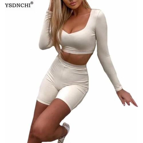 YSDNCHI Casual Sport Solid Matching Set Women Workout White Active Wear Fitness 2 Piece Outfits Short Black Top And Shorts Sets