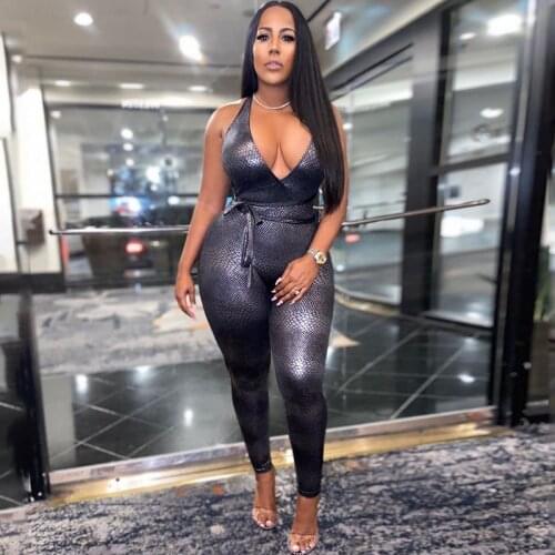 Adogirl Women V Neck Pu Leather Bodycon Jumpsuit Serpentine Print Backless Palysuit 2021 New Female Clothing Streetwear Outfits