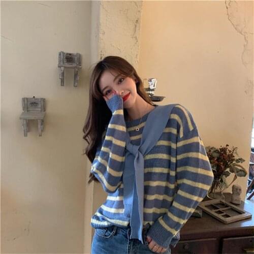College Wind Striped Loose Sweater Womens Sweaters Vintage Japanese Kawaii Ulzzang Female Korean Harajuku Clothing For Women
