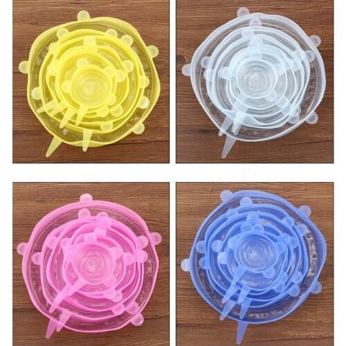 6 Pcs Food Wraps Reusable Silicone Food Fresh Keeping Sealed Covers Silicone Seal Vacuum Stretch Lids Saran Wraps Organization