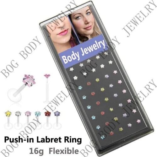 BOG-40PCS IN 6 COLORS -STAR SHAPED CZ GEM LIP RING LABRET MONROE PIERCING BAR 16g GAUGE