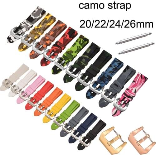 Camo Silicone Watch Band 20 22mm 24 26mm Replacement Watch Strap Soft Sport Rubber Watchband Rose Gold Buckle Wrist Bracelet
