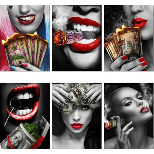 D DIY Diamond Painting Smile Red Lips Smoking Beauty Woman Poster Burning Dollar Money Diamond Embroidery Cross Stitch Kits