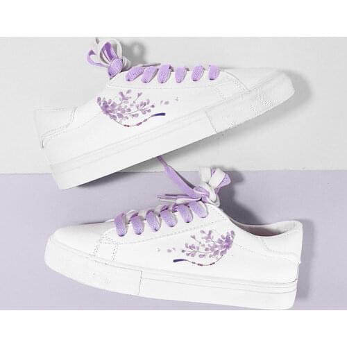 Women Fashion Purpul Flower Printed Sneakers Young Students Casual Vulcanized Shoes Ladies Flats Shoes White Retro Women Shoes