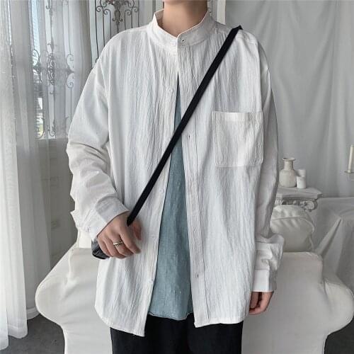Plus Size 5XL-M Autumn Solid Stand Collar Long Sleeve Oversized Shirt Men Clothing 2021 Simple Front Pocket Decor Chemise Homme