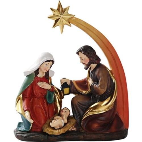 Holy Family Resin Figurines Kit Moon Star Virgin Mary Joseph Jesus Nativity Souvenir Staute Home Desktop Ornament