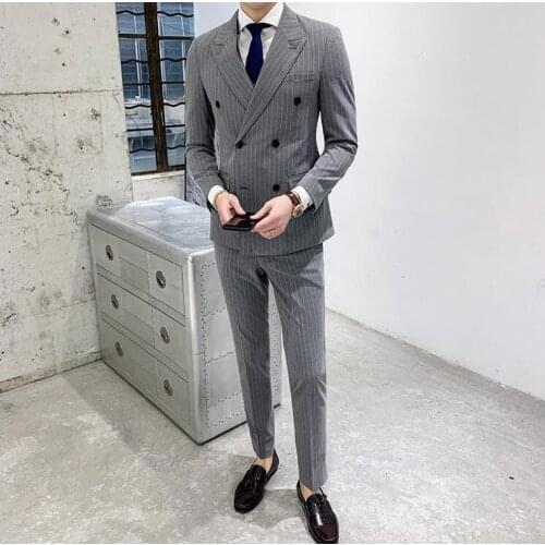 New Man British Style Wedding Suits Mens 3 Piece Double Breasted Striped Suit Slim Fit Suits