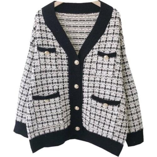 Autumn Winter 2020 Sweater Coat Retro Shirt Check Long Sleeve Single Breasted Plaid Loose Knit Cardigan Tide Ladies