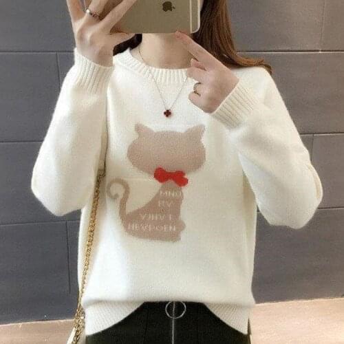 Autumn Winter Style Women Knitted Pullover Tops Lady Casual O-Neck Long Sleeve Cat Printed Sweater Pullover ZZ0953
