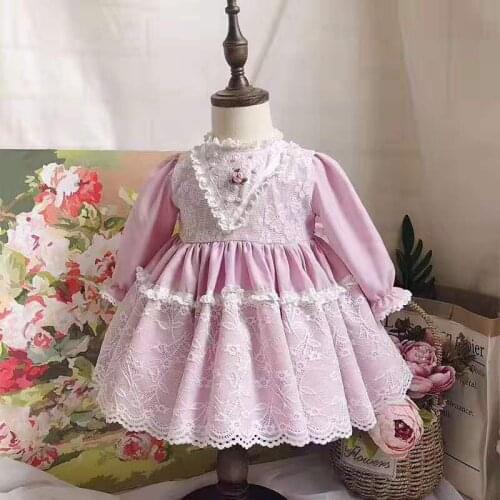 0-7Y Autumn Winter Vintage Spanish Dress Pompon Ball Gown Princess Dress Lolita Party Dress for Bady Girl Long Sleeve Bow Dress