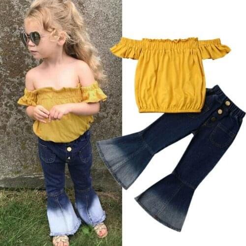 3-7Y Fashion Kids Baby Girl Summer Clothing Girl Outfits Solid Off Shoulder Tops+Jeans Flare Pants Outfit 2pcs