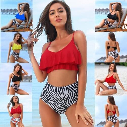 Split swimsuit women sexy high elasticity durable one-piece swimsuit multicolor printed ruffled bikini with chest pad high waist