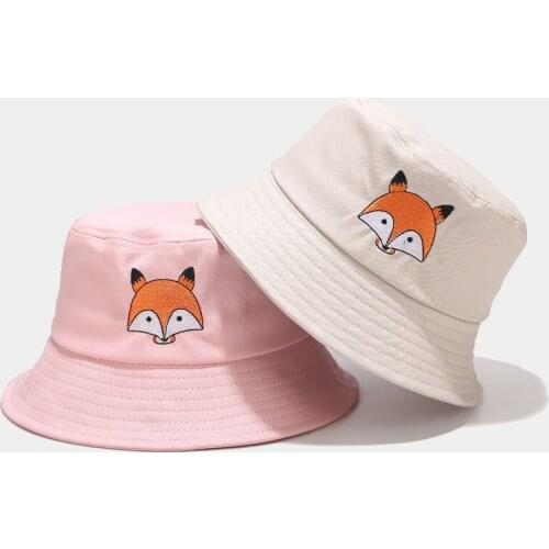 Animal Fox Embroidery Fisherman Hat Womens Bucket Hat Outdoor Hiking Hat Summer Student Sun Protection Hat Unisex Panama Cap