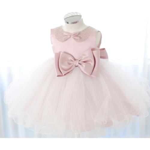 Beads Tulle Baby Girl Baptism Dress for 1st Year Birthday Big Bow Kids Party Wedding Gown Infant Newborn Christening Clothing