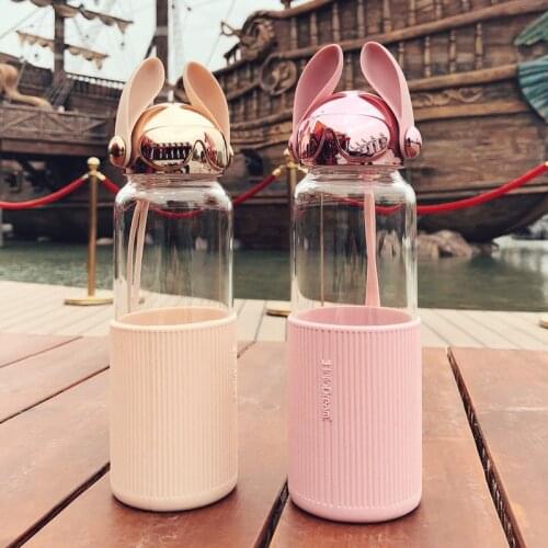 High Quality 350ml Cool Dog Glass Water Bottle with Silicone Cover Women Portable Leak-proof Tea Fruit Juice Cute Drink Bottle