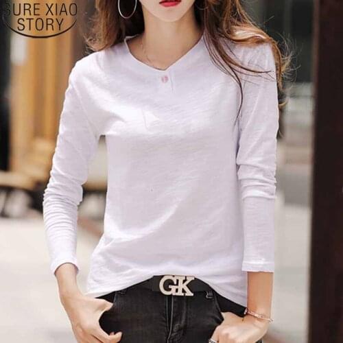 Korean 5 Colors Women Cotton T-shirts Long Sleeve Autumn 2021 Loose V-Neck Solid Bottoming Shirts Women Tshirt Clothing 10802
