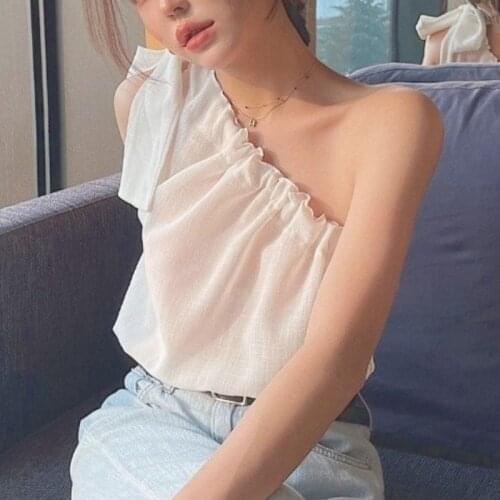 2021 Beach Casual Elegant Blouse White Designer Korean Fashion Sexy Shirts Slim Irregular Bohemian Chic Summer Clothes for Women