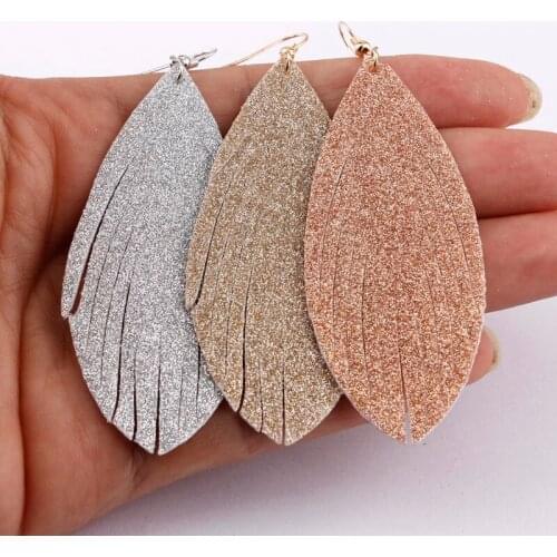 ZWPON 2019 New Glitter Leather Feather Earrings for Women Trendy Gold Statement Earrings Jewelry Wholesale