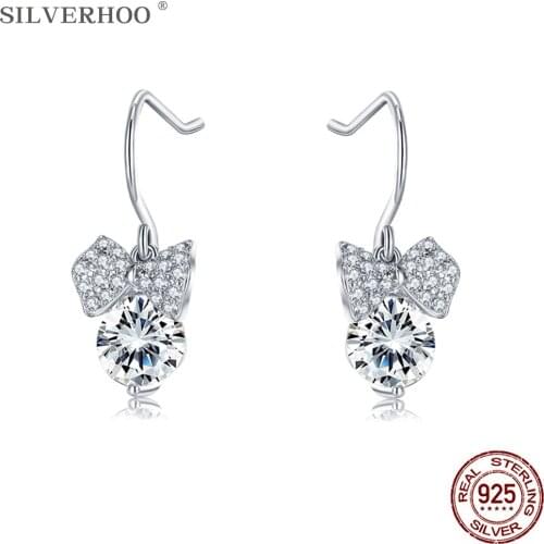 SILVERHOO 925 Sterling Silver Cute Bowknot Earrings For Women Shiny Crystal Zircon Drop Earring Romantic Valentines Day Gift