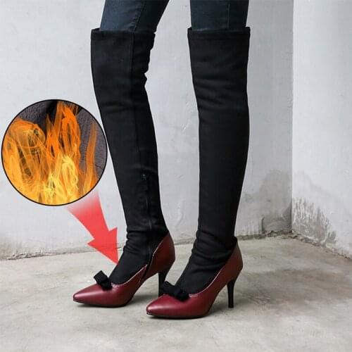 Plus Size 34-48 Winter Over The Knee Bowtie Women Boots Stretch Fabrics High Heel Slip on Shoes Pointed Toe Woman Long Boots New