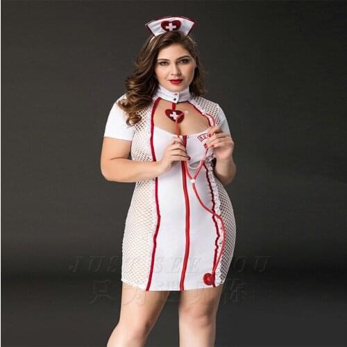 Adult Women Sexy Night Curvy Nurse Hottie Plus Size Costume Fancy White Bust Open Hollow Dress Temptation Uniform For Ladies