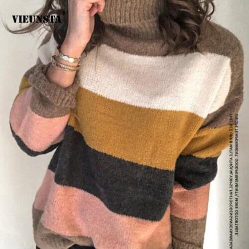 Women Plus Size Loose Knitted Sweater Stripe Patchwork Fall Winter Sweater Casual High Collar Long Sleeve Street Hipster Sweater