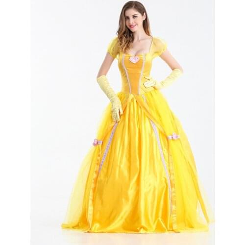 S-XXL Fairy Tale Adult women Costume Adult Halloween Princess Belle Cosplay Fancy Flower Yellow Long Dress