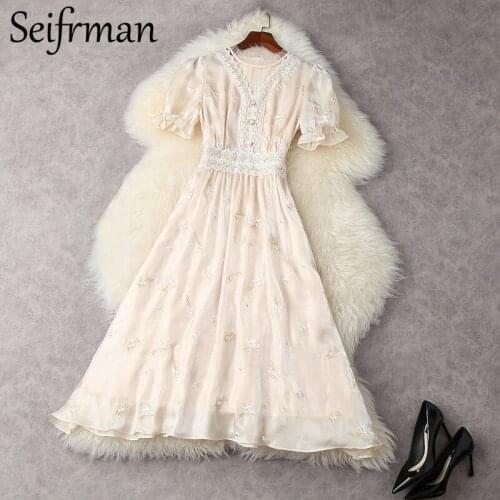 Seifrmann New 2021 Summer Women Fashion Runway Midi Dress Lantern Sleeve Ruffles Embroidery Lace Elegant Ladies A-Line Dress