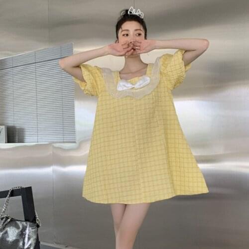 Elegant Puff Sleeve Square Neck Yellow Lattice Puffy Dress For Women 2021 Summer Bow Ruffle Ball Gown Dress