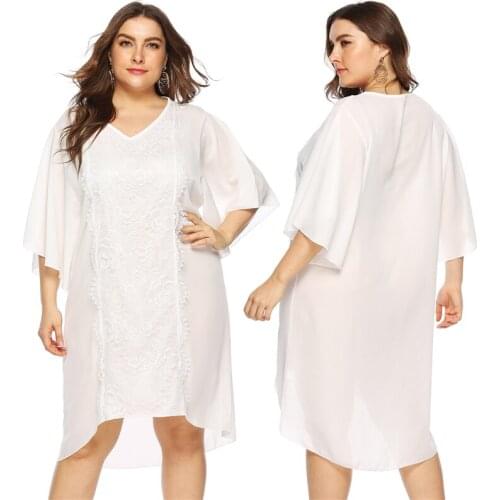 Chiffon dress plus size female irregular flared sleeve V-neck loose lace nightdress white sexy temptation night koszula nocna