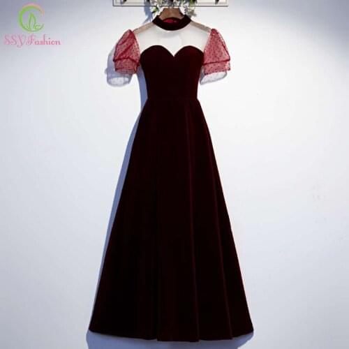 SSYFashion New Vintage Wine Red Velour Evening Dress Puff Sleeve O-neck A-line Floor-length Formal Party Gown for Women Vestidos